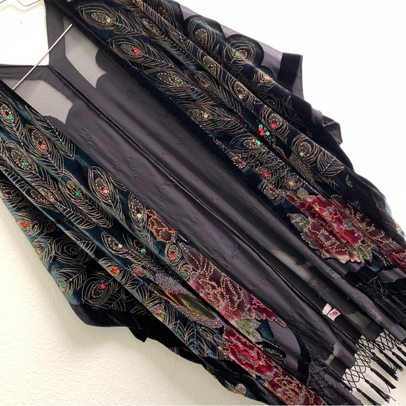 VINTAGE shawl cover up velvet beads embroidery peacock floral OS silk blend - Picture 2 of 16